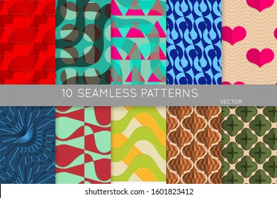 Vintage geometric pattern set with recycled paper fold and shadow. Seamless vector backgrounds. Abstract wallpaper in retro colors. Wrapping paper design. Art Deco style sepia toned.