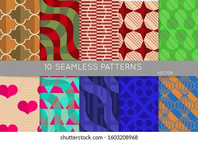 Vintage geometric pattern set with recycled paper fold and shadow. Seamless vector backgrounds. Abstract wallpaper in retro colors. Wrapping paper design. Art Deco style sepia toned.