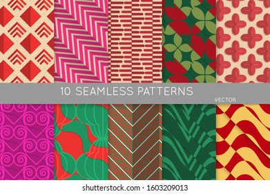 Vintage geometric pattern set with recycled paper fold and shadow. Seamless vector backgrounds. Abstract wallpaper in retro colors. Wrapping paper design. Art Deco style sepia toned.