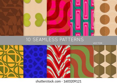 Vintage geometric pattern set with recycled paper fold and shadow. Seamless vector backgrounds. Abstract wallpaper in retro colors. Wrapping paper design. Art Deco style sepia toned.