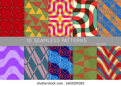 Vintage geometric pattern set with recycled paper fold and shadow. Seamless vector backgrounds. Abstract wallpaper in retro colors. Wrapping paper design. Art Deco style sepia toned.