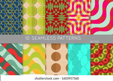 Vintage geometric pattern set with recycled paper fold and shadow. Seamless vector backgrounds. Abstract wallpaper in retro colors. Wrapping paper design. Art Deco style sepia toned.