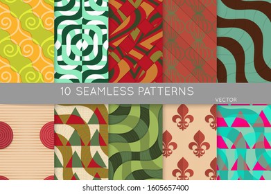 Vintage geometric pattern set with recycled paper fold and shadow. Seamless vector backgrounds. Abstract wallpaper in retro colors. Wrapping paper design. Art Deco style sepia toned.