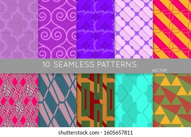 Vintage geometric pattern set with recycled paper fold and shadow. Seamless vector backgrounds. Abstract wallpaper in retro colors. Wrapping paper design. Art Deco style sepia toned.