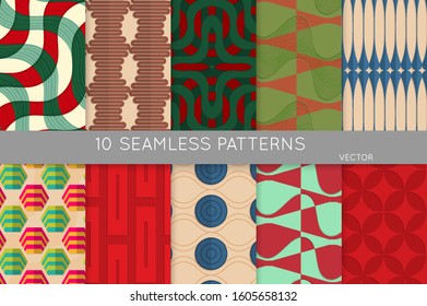 Vintage geometric pattern set with recycled paper fold and shadow. Seamless vector backgrounds. Abstract wallpaper in retro colors. Wrapping paper design. Art Deco style sepia toned.