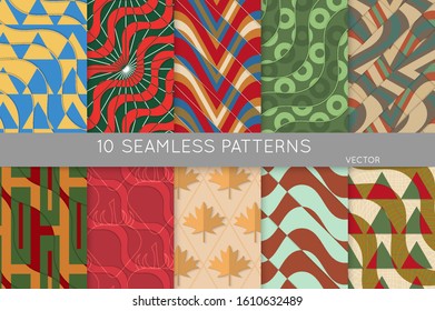 Vintage geometric pattern set with recycled paper fold and shadow. Seamless vector backgrounds. Abstract wallpaper in retro colors. Wrapping paper design. Art Deco style sepia toned.