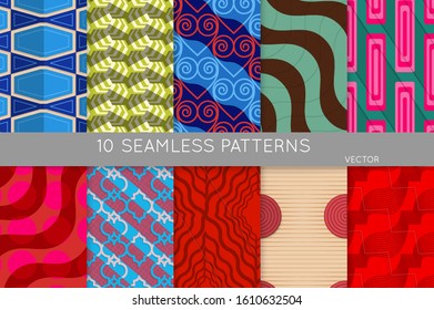 Vintage geometric pattern set with recycled paper fold and shadow. Seamless vector backgrounds. Abstract wallpaper in retro colors. Wrapping paper design. Art Deco style sepia toned.