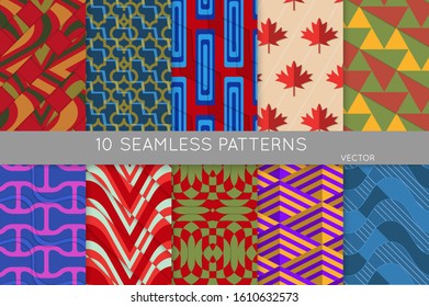 Vintage geometric pattern set with recycled paper fold and shadow. Seamless vector backgrounds. Abstract wallpaper in retro colors. Wrapping paper design. Art Deco style sepia toned.