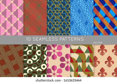 Vintage geometric pattern set with recycled paper fold and shadow. Seamless vector backgrounds. Abstract wallpaper in retro colors. Wrapping paper design. Art Deco style sepia toned.
