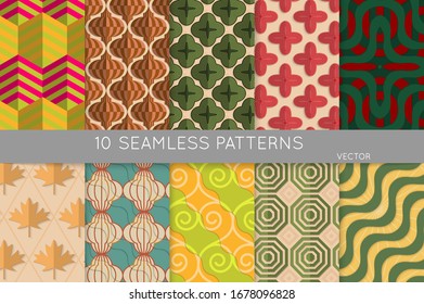 Vintage geometric pattern set with recycled paper fold and shadow. Seamless vector backgrounds. Abstract wallpaper in retro colors. Wrapping paper design. Art Deco style sepia toned.