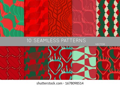 Vintage geometric pattern set with recycled paper fold and shadow. Seamless vector backgrounds. Abstract wallpaper in retro colors. Wrapping paper design. Art Deco style sepia toned.