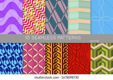 Vintage geometric pattern set with recycled paper fold and shadow. Seamless vector backgrounds. Abstract wallpaper in retro colors. Wrapping paper design. Art Deco style sepia toned.