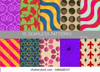 Vintage geometric pattern set with recycled paper fold and shadow. Seamless vector backgrounds. Abstract wallpaper in retro colors. Wrapping paper design. Art Deco style sepia toned.