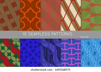 Vintage geometric pattern set with recycled paper fold and shadow. Seamless vector backgrounds. Abstract wallpaper in retro colors. Wrapping paper design. Art Deco style sepia toned.