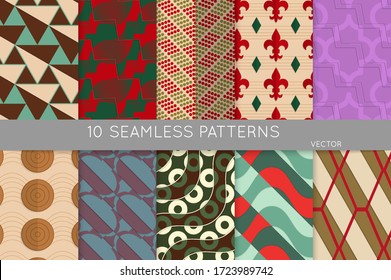 Vintage geometric pattern set with recycled paper fold and shadow. Seamless vector backgrounds. Abstract wallpaper in retro colors. Wrapping paper design. Art Deco style sepia toned.