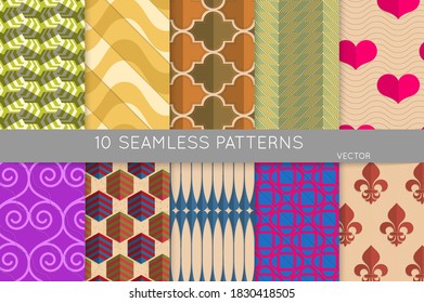 Vintage geometric pattern set with recycled paper fold and shadow. Seamless vector backgrounds. Abstract wallpaper in retro colors. Wrapping paper design. Art Deco style sepia toned.