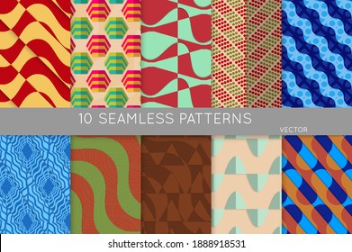 Vintage geometric pattern set with recycled paper fold and shadow. Seamless vector backgrounds. Abstract wallpaper in retro colors. Wrapping paper design. Art Deco style sepia toned.
