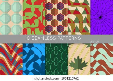 Vintage geometric pattern set with recycled paper fold and shadow. Seamless vector backgrounds. Abstract wallpaper in retro colors. Wrapping paper design. Art Deco style sepia toned.