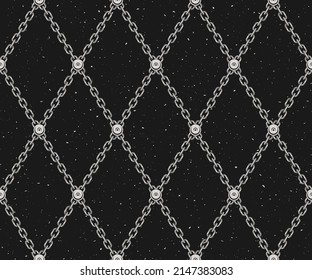 Vintage geometric pattern with steel chains and rivets. White rhombus grid on a black background.