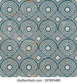 Vintage geometric seamless background, old vector repeat pattern with aged grunge dirty texture.