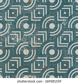 Vintage geometric seamless background, old vector repeat pattern with aged grunge dirty texture.