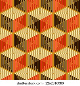 vintage geometric seamless pattern with cubes in red gold shades