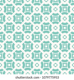 Vintage geometric seamless pattern. Elegant ornament in turquoise and white colors. Abstract geometric texture with small shapes, squares, circles, grid, lattice, mesh, repeat tiles. Simple background