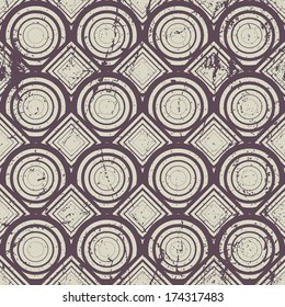 Vintage geometric seamless pattern, old vector repeat background with aged grunge dirty texture.