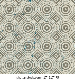 Vintage geometric seamless pattern, old vector repeat background with aged grunge dirty texture.