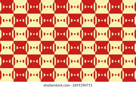 Vintage geometrisches nahtloses Muster mit sich wiederholenden roten und cremefarbenen geteilten Kreisen auf vertikal gestreiftem Hintergrund