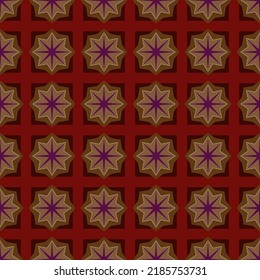 Patrón geométrico vintage sin costuras. Sombra de estrellas marrones con 8 puntos de estrella violeta en el cuadrado rojo oscuro. Ilustración vectorial retro para el diseño textil, de moda, de patrones interiores. 