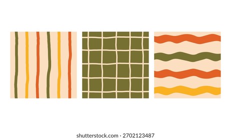 Vintage Geometric Seamless Patterns Set. Playful Whimsical Abstract endless backgrounds collection with stripes grid wave texture. Colorful vector illustration