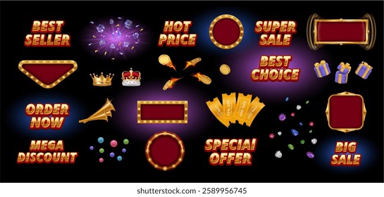 Vintage geometric shapes and banners design. Vector realistic casino or gambling app set. Diamonds and coins with flame, coupons or vouchers, presents and gifts for player, luxurious crown