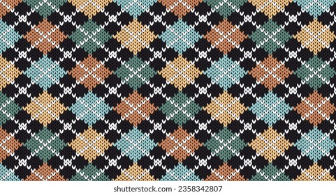 Vintage geometric square on black knitting pattern, Festive Sweater Design. Seamless Knitted Pattern