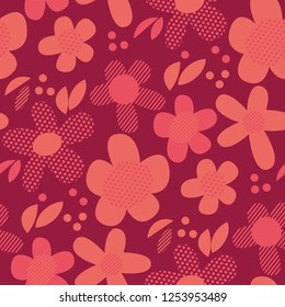 Vintage geometric style floral motif in coral colors. Simple cute flowers seamless pattern for summer project, holiday promotion, fabric, wrapping paper, surface design.