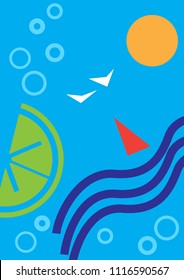 Vintage geometric vector background for poster or cover. Blue sea, wavesand cocktail. Summer appetizer