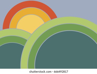 Vintage geometric vector background for poster or cover. Green field and sun, made with circles.