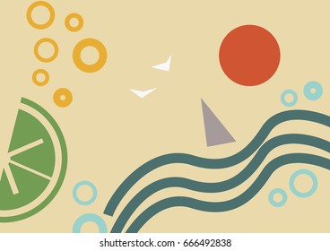 Vintage geometric vector background for poster or cover. Blue sea, waves
and cocktail. Summer appetizer
