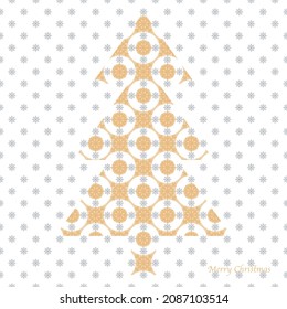 Vintage geometric vector Christmas tree with circles and snow flake texture in white, soft orange and grey. Can be used for seasonal greeting cards, posters and also seamless wrapping paper.