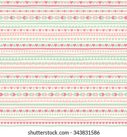 Vintage geometrical abstract seamless pattern with tiny heart shapes, circles and stripes. Striped Valentines day background. Streaks made of hearts. Uneven bars with simple small elements texture.