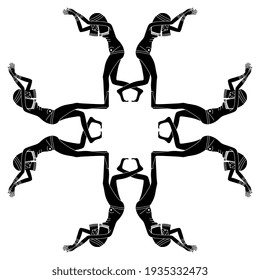 Vintage geometrical design with dancing ancient Egyptian girls. Cross shape. Black and white silhouette.