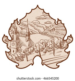 Vintage German Vineyard Landscape Sketch in Wine Leaf, Hand drawn Vector Outline Artwork