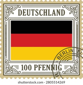 Vintage Germany Postage Stamp Vector Illustration - German Flag 100 Pfennig Berlin Postmark Design