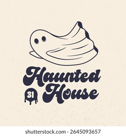 Vintage ghost logo. Spooky emblem with ghost icon. Hipster design. Print for T-shirt. Vector illustration