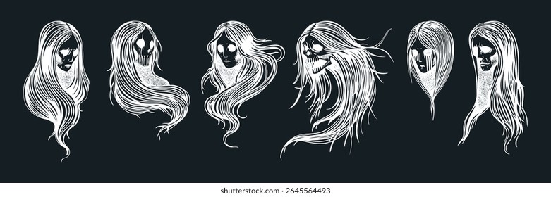Conjunto de retratos de mulher fantasma vintage. Design de tatuagem gótico. Ilustração de vetor desenhada à mão de Halloween. Desenhos de bruxas no quadro. NÃO gerado AI