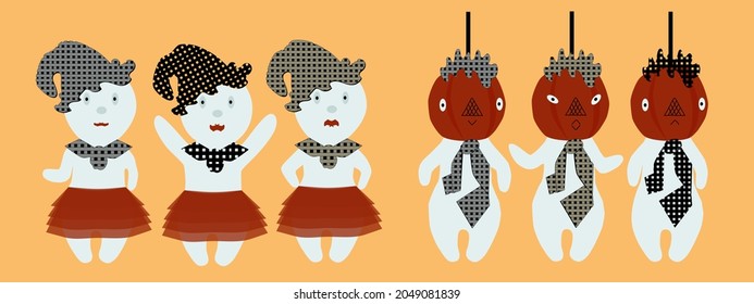 Vintage ghosts plaid hats scarves and neckerchiefs with heads of vegetables on a yellow background. Isolated vector Halloween theme illustration for clothing print e-mail poster banner and decoration.