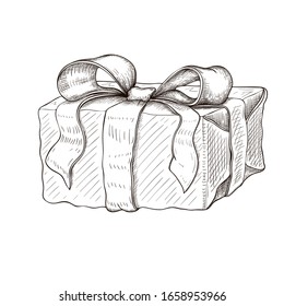 vintage gift box hand drawn. engraved present illustration isolated on white background. present box icon with lush bow and ribbon. wrapped gift sketch. Vector monochrome line art. Silhouette of box.