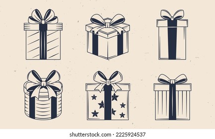 Vintage Gift Boxes icons isolated on white background. Gift boxes set. Decorations for giveaway, birthday, party, sale banners and posters design. Vector illustration