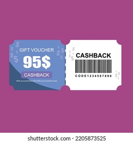 Vintage gift voucher card 95$ cashback template design with coupon code promotion text vector illustration