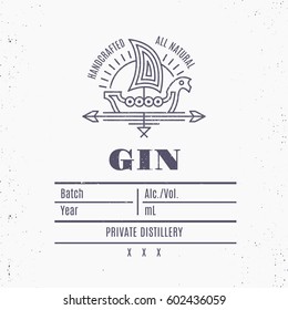 Vintage gin label design with ethnic elements in thin line style. Alcohol industry emblem, distilling business. Monochrome, black on white. Place for text